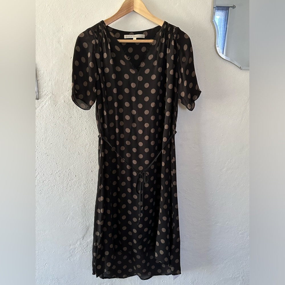 Ulla Johnson Silk Wrap Dress Black Tan Polka Dot